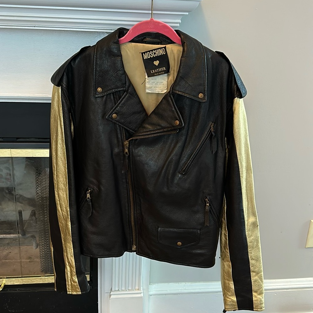 Rare Moschino Biker Couture Gold Heart Black & Gold Leather Motorcycle Jacket